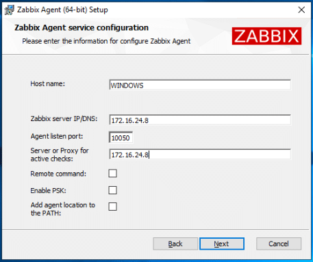 Zabbix agent setup screen on Windows