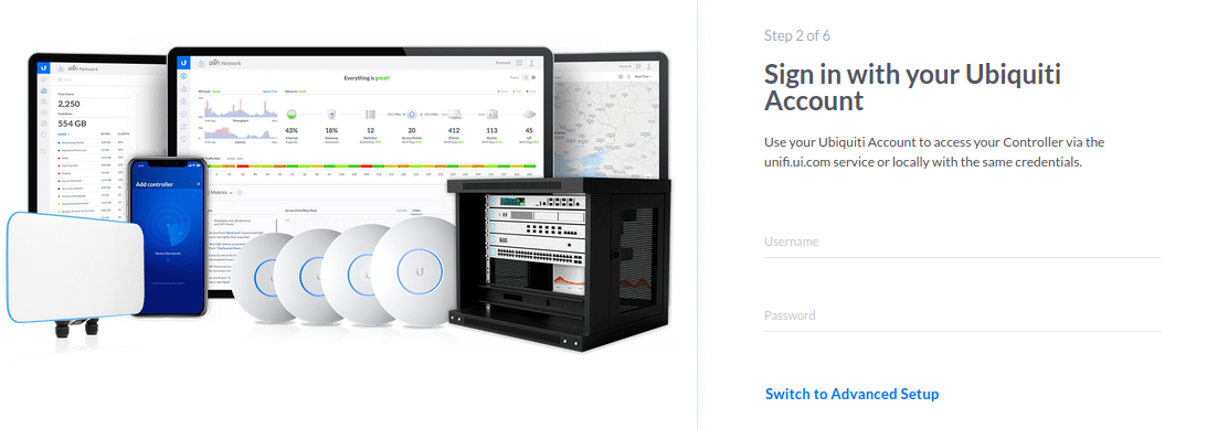 Unifi Controller Setup Step 2 of 6
Sign in with your Ubiquiti Account