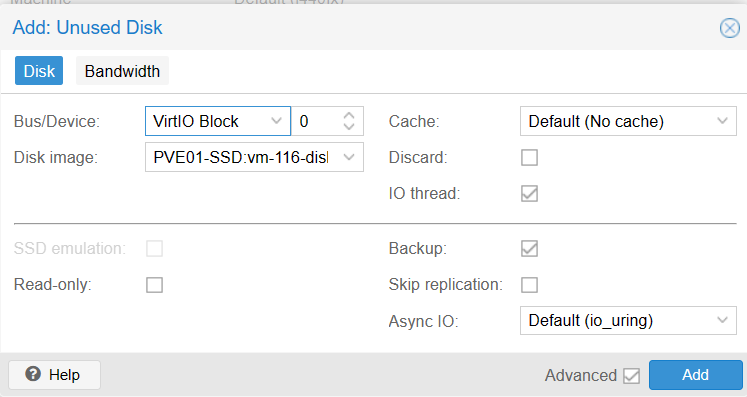 Screenshot of disk add screen. The only changed setting is Bus/Device: VirtIO Block. All other settings are default. The Add button is in the bottom right corner of the box.