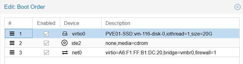 Screenshot of the boot order editing screen. The virtio0 disk is enabled and dragged above the ide2 and net0 devices