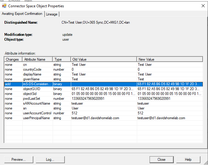 Shows the connector space object properties for the second sync, showing that the mS-DS-ConsistencyGuid has been populated