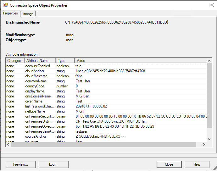 Connector space object properties showing Entra ID confirming to the on premises domain that the add has been successful.