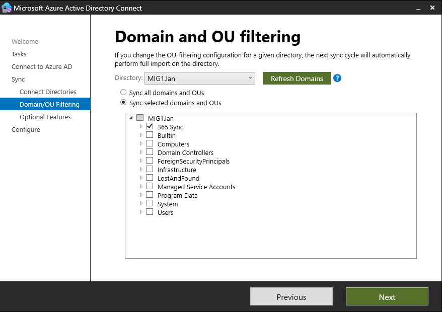 AD Connect configuration box showing one synced OU with all other OUs unsynced