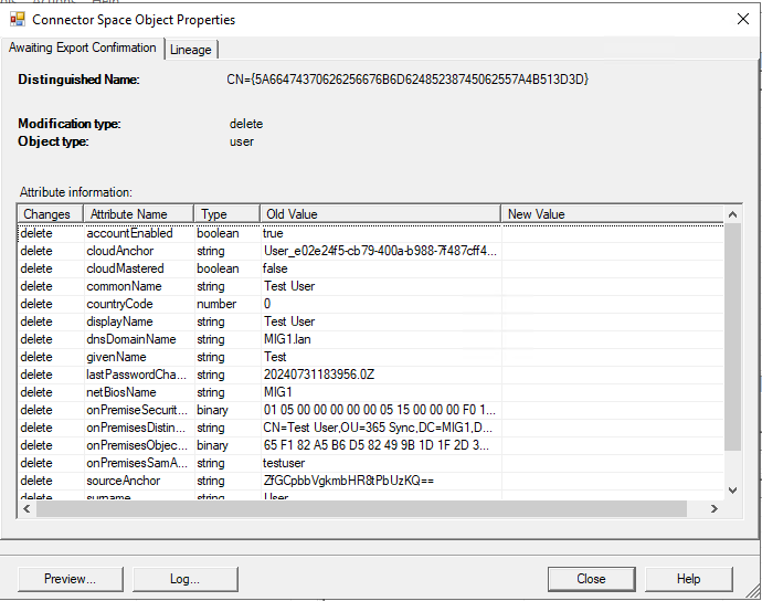 connector space object properties showing that user has been deleted