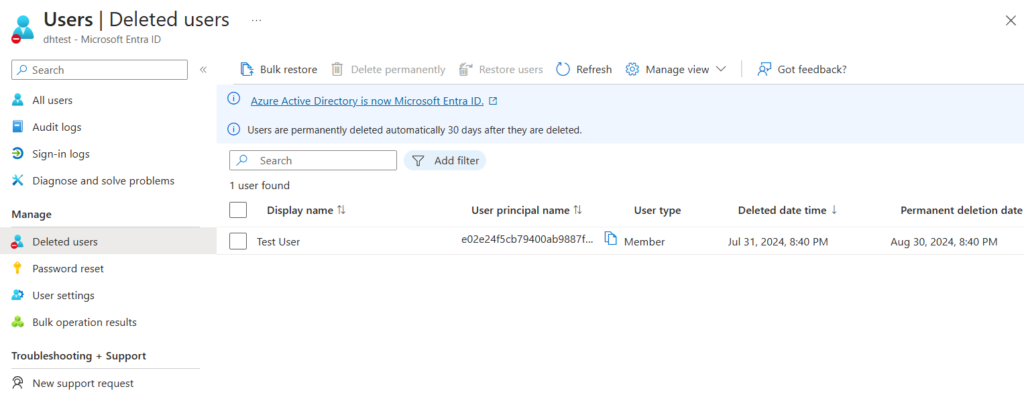 Entra ID portal deleted users page showing that user has been soft deleted
