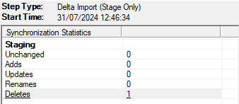 Sync status screen showing that Delta Import has processed 1 deletion