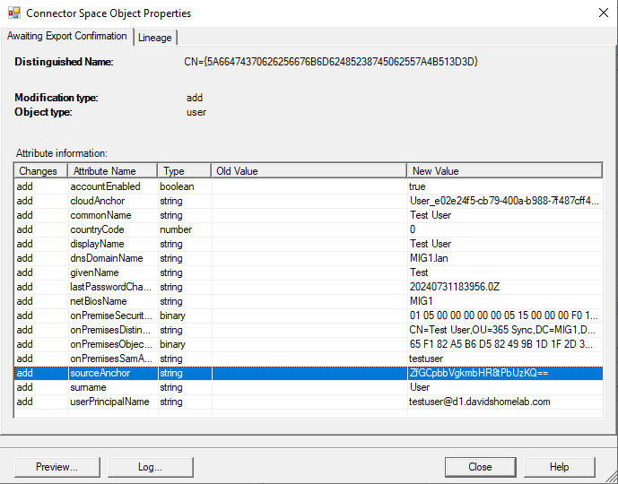 Shows the connector space object properties window of the synced user, showing the sourceAnchor attribute which will be used to match the account.